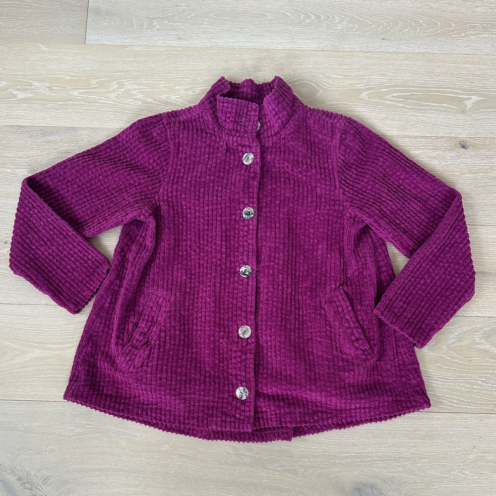 Burgundy maroon peplum waist wide wale corduroy button up jacket M made in USA
